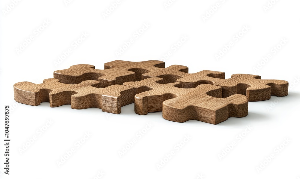 Isolated wooden puzzle pieces on white background. 3D illustration. Isolated wooden puzzle pieces on white background. 3D illustration.