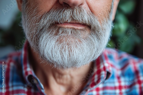 A distinguished elderly man with a white beard and plaid shirt gazes pensively, capturing wisdom and experience.