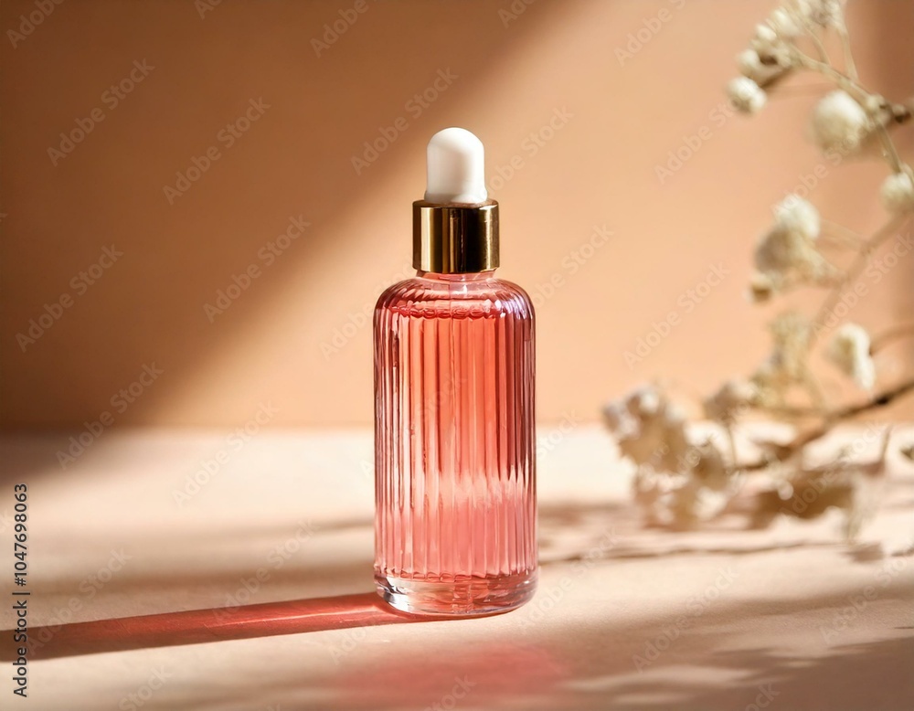 Luxury pink glass bottle for skincare, close-up shot Luxury pink glass bottle for skincare, close-up shot