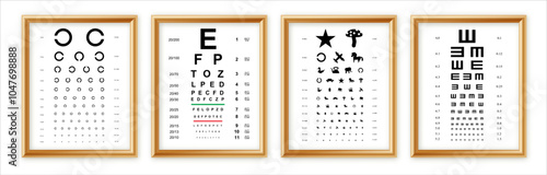 Eyes test charts with latin letters isolated on background. Art design medical poster with sign in golden frame. Concept graphic element for ophthalmic test for visual examination.