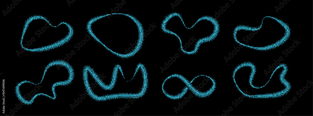 Bitmap gradient retro pattern organic shapes. Vector halftone neon Y2K aesthetic frames isolated on black background Bitmap gradient retro pattern organic shapes. Vector halftone neon Y2K aesthetic frames isolated on black background