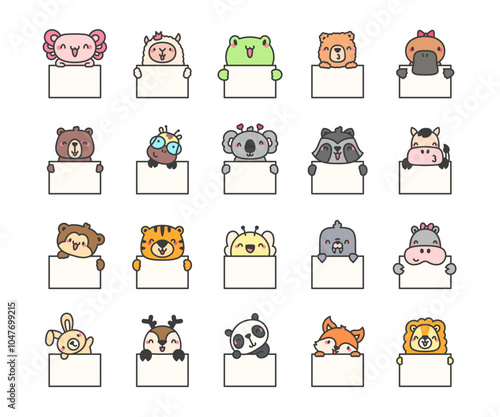 Cute animal holding a blank plaque. Banner with space to write. Vector drawing. Collection of design elements.