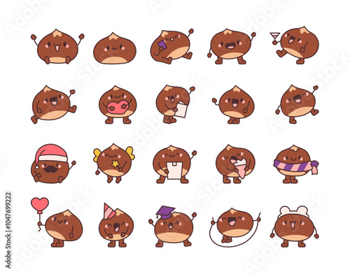 Cute chestnut character. Friendly cartoon nut. Hand drawn style. Vector drawing. Collection of design elements.