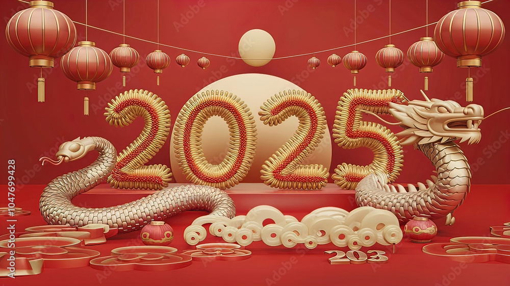 chinese new year 2025 decorations on red background, 2025 year of the snake, 3d rendering chinese new year 2025 decorations on red background, 2025 year of the snake, 3d rendering