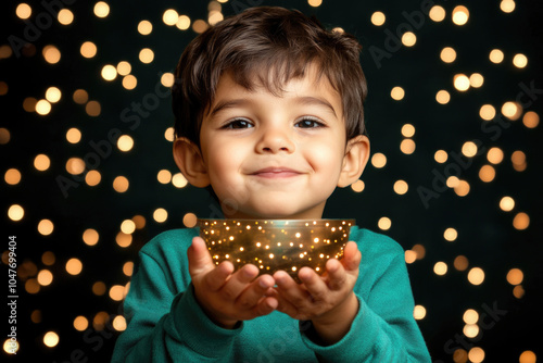 Young child holding glowing bowl amidst beautiful fairy lights background photo