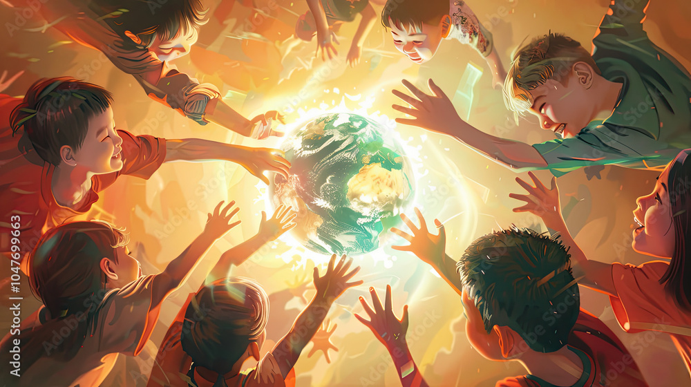 Children joyfully reaching towards a glowing Earth, symbolizing unity and hope for the future