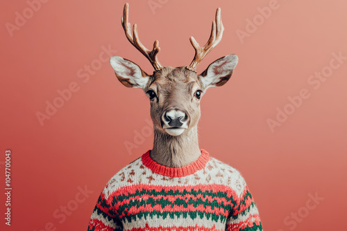 Festive reindeer wearing a traditional Christmas jumper