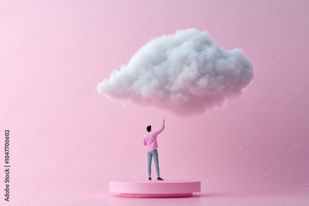 Dreamy surreal scene of man reaching for a cloud in minimalist pink setting Dreamy surreal scene of man reaching for a cloud in minimalist pink setting