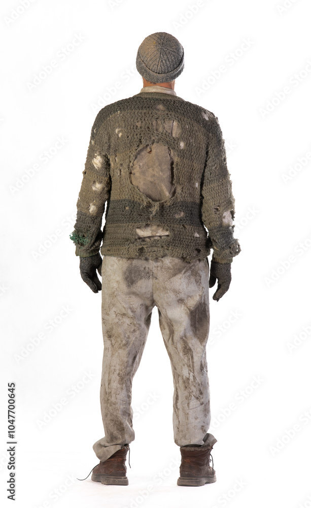 portrait of a poor old man in torn clothes on a white background portrait of a poor old man in torn clothes on a white background