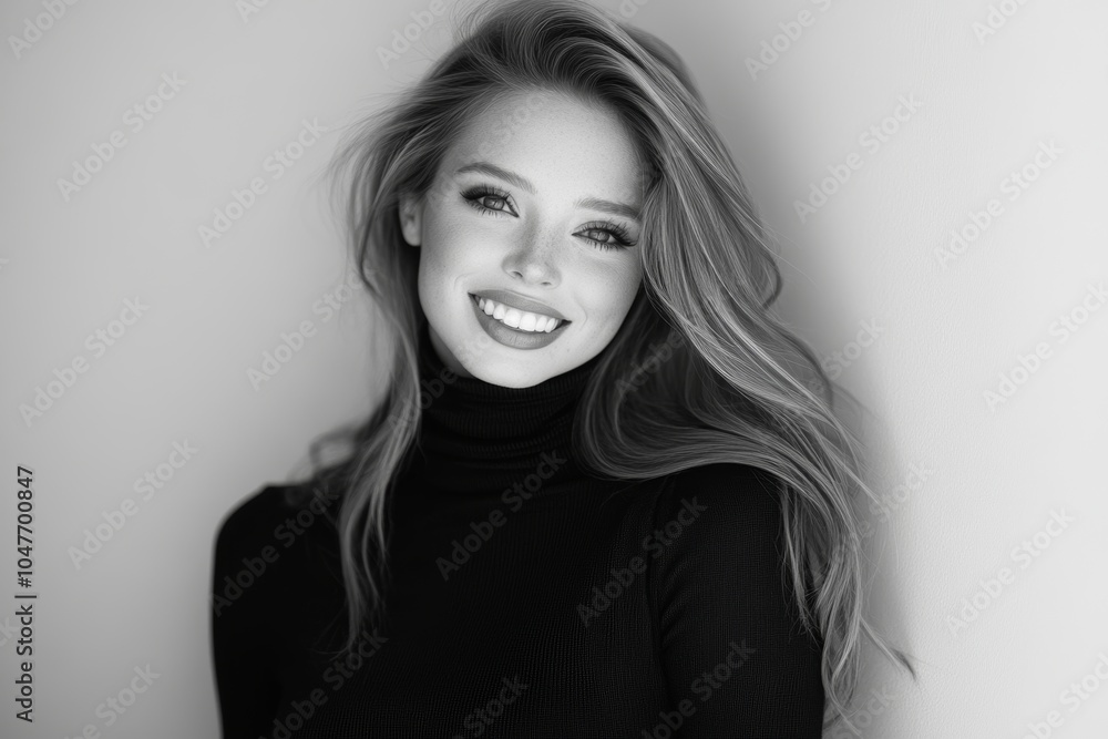 A black and white portrait of a happy young woman smiling ear-to-ear A black and white portrait of a happy young woman smiling ear-to-ear