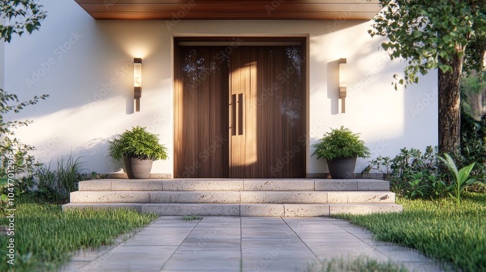 Fototapeta premium 3D rendering of modern home with wooden door and large patio.