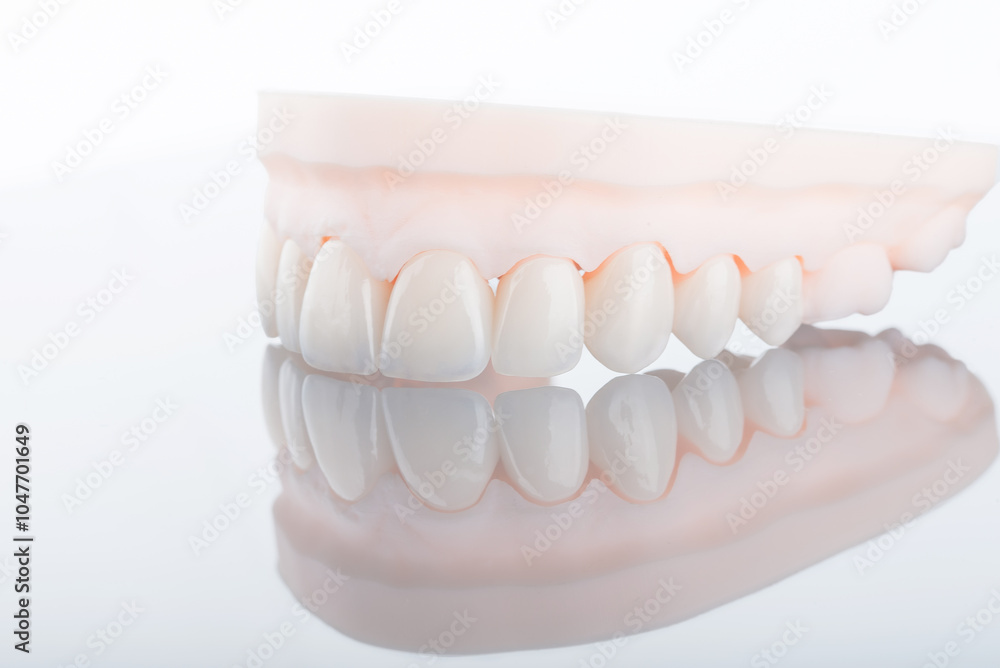 Fototapeta premium Quality dental zirconium crowns of upper jaw stylized as young teeth on 3D printed model.