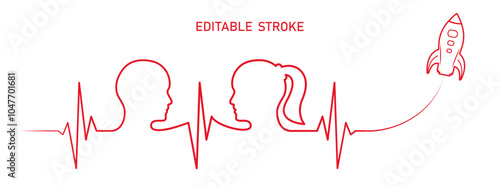 Editable red line, love couple, man, woman head, spaceship rocket line art vector. Heart rhythm ekg vector design to use for love, healthy lifestyle, emotion, romance concept illustration projects. 