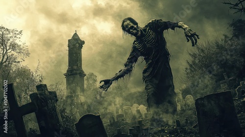 A zombie slowly traversing a graveyard, appearing lost with arms outstretched. photo