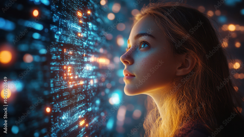 Curious Woman Gazing at Digital Data Lights in Darkness. Digital Linguist Curious Woman Gazing at Digital Data Lights in Darkness. Digital Linguist