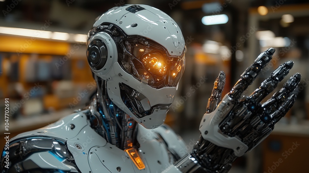 Futuristic Cyborg with Illuminated Visor Analyzing Data Futuristic Cyborg with Illuminated Visor Analyzing Data