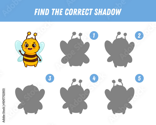 Find correct shadow of cute bee. Educational logical game for kids. Cartoon bee. Vector illustration