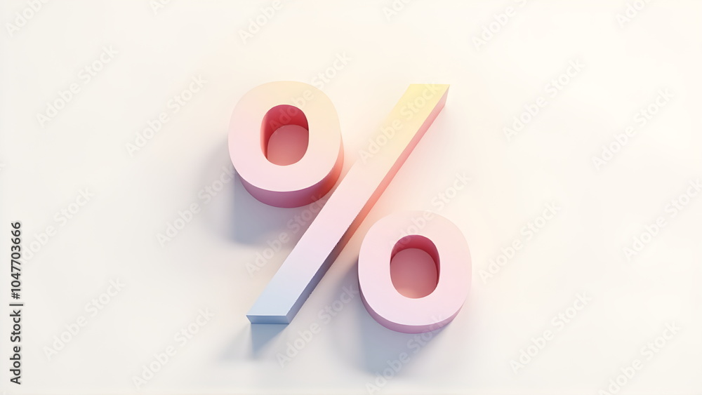 A large, bold '%' symbol created in gradient pastel shades, set on a trendy white background with soft shadows and reflections A large, bold '%' symbol created in gradient pastel shades, set on a trendy white background with soft shadows and reflections