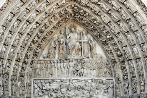 Photo of sculptures of god, jesus, angel on the roof of notre dame in france capital paris.
