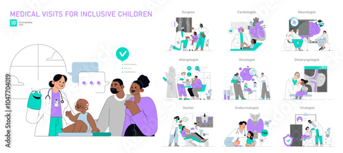 Medical Visits for Inclusive Children. Flat Vector Illustration