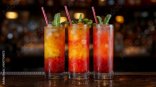 Presented on a bar counter are three refreshing fruit cocktails photo