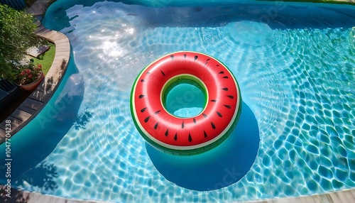 Vibrant watermelon inflatable ring floating in a clear swimming pool on a sunny day. Generative AI