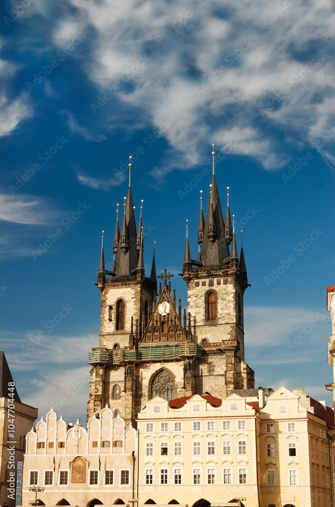 Obraz premium Beautiful old palace, church, temple in the capital of the Czech Republic, Prague. Photo, ancient landmark.