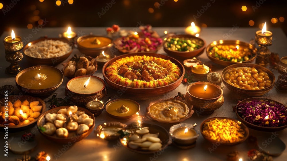 A table is covered with a variety of food, including bowls of rice, vegetables A table is covered with a variety of food, including bowls of rice, vegetables