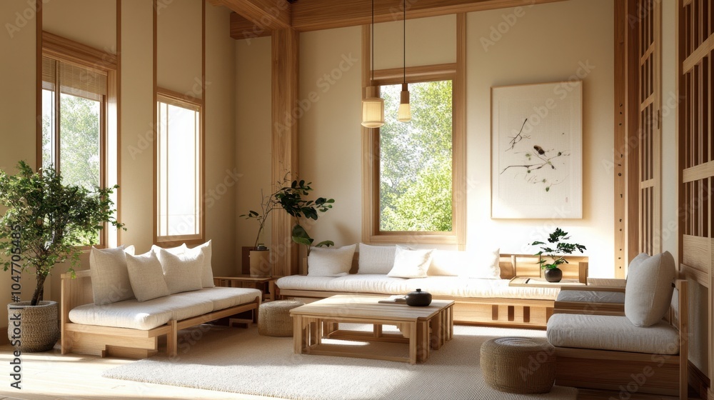 Serene Japanese-style Interior Design with Warm Sunlight Serene Japanese-style Interior Design with Warm Sunlight