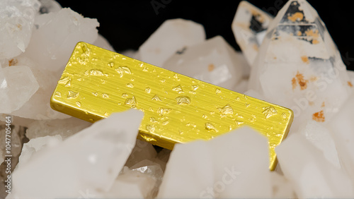 large rectangular pyrite crystal among quartz crystals closeup..