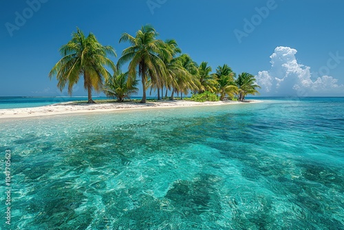 A tropical island with palm trees and a pristine white sandy beach