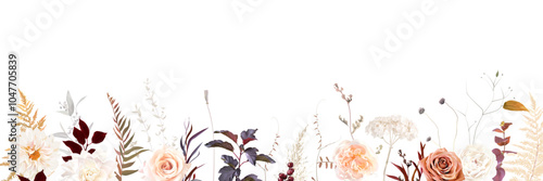 Brown, beige and burgundy plants vector design frame. Pastel pampas grass, fern, dried plants, pale hydrangea. Wedding floral boho card. Horizontal banner template. Elements are isolated and editable