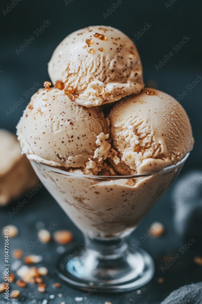 Salted Maple Ice Cream. Gourmet Vanilla Ice Cream Scoops in Glass Sundae Dish