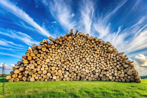 Symmetrical big woodpile and stones against green grass and blue sky