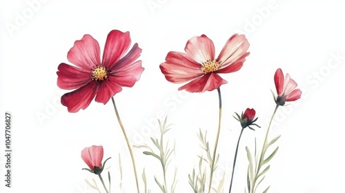 Elegant Watercolor Painted Red Flowers on White Background