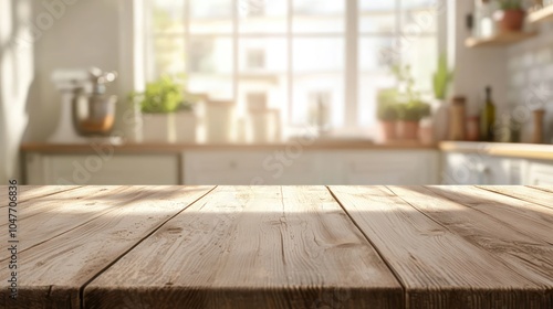 An empty wooden table set for products, with a bright kitchen interior blurred in the background.