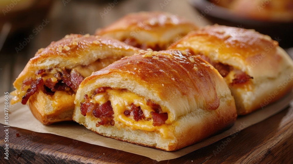 Cheesy Bacon Bread on Wooden Table. Double Cheese Bacon Rolls Cheesy Bacon Bread on Wooden Table. Double Cheese Bacon Rolls