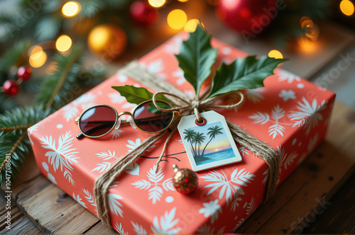 Tropical Holiday gift box in coral-colored paper with tropical leaf prints and a palm tree tag and sunglasses.