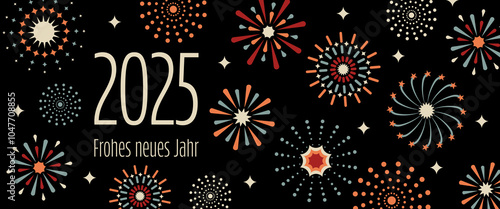 2025 Frohes neues Jahr - Schriftzug in deutscher Sprache. Grußkarte mit buntem Feuerwerk.