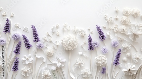 White Floral Paper Art with Lavender Elements on Neutral Background