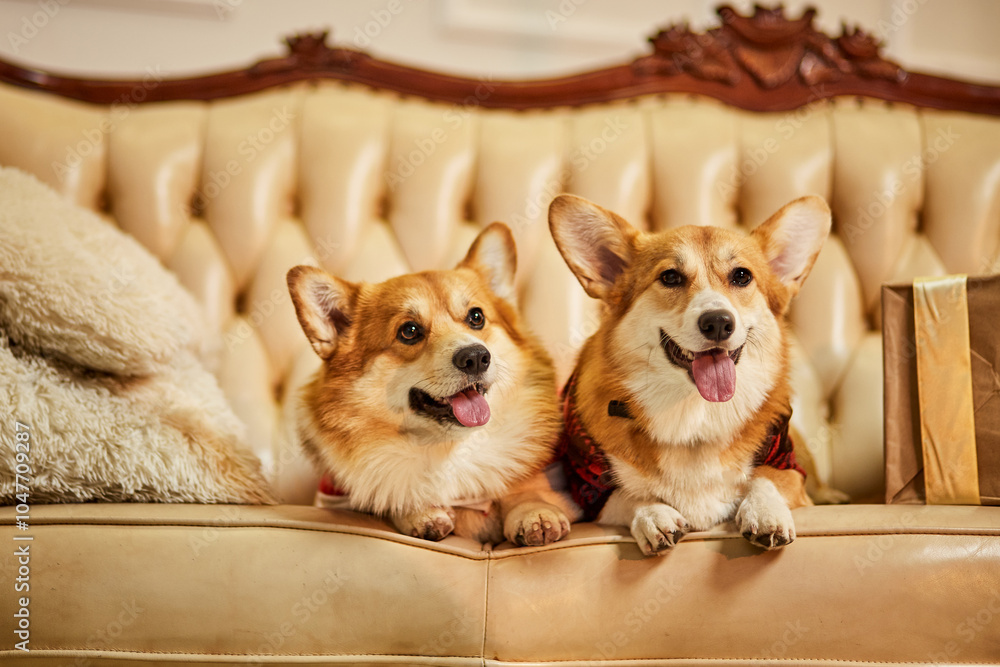 Two cute red-white welsh corgi pembroke in New Year's clothes sitting on sofa with gift boxes Two cute red-white welsh corgi pembroke in New Year's clothes sitting on sofa with gift boxes