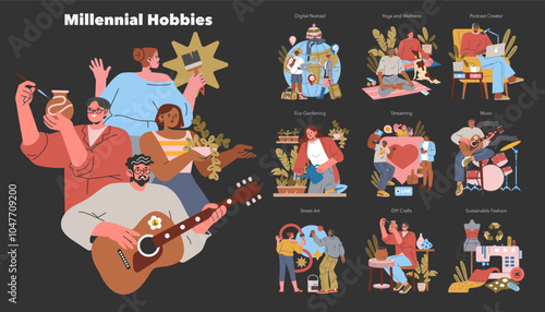 Millennial Hobbies. Flat Vector Illustration