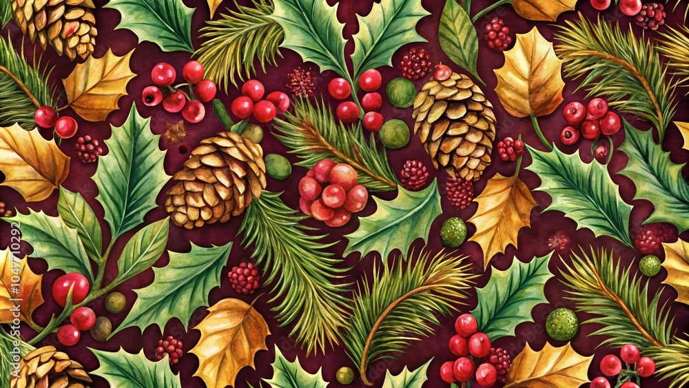 Fototapeta premium Christmas botanical pattern with berries and pine cones. Wrapping paper, gift paper, wrapping paper design