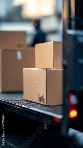 Stacked cardboard boxes in a delivery truck with a blurred background of a city street.