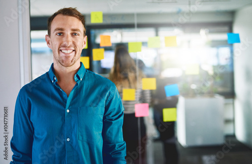 Man, business people and portrait in presentation with sticky notes, collaboration or creativity. Team, meeting and male person in digital agency, company or office for ideas, brainstorming or vision