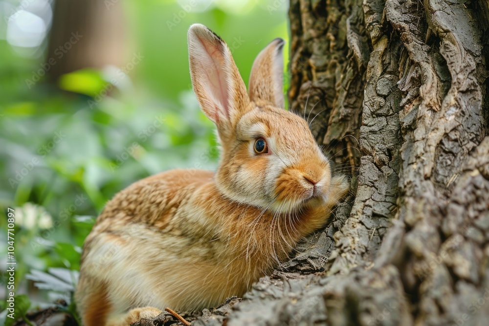 Fototapeta premium A brown rabbit sitting beside a tree