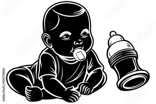 baby with a feeding bottle and a pacifier, white background