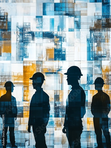 Silhouetted construction workers against a colorful abstract background. photo