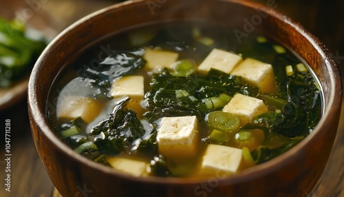 Bowl of miso soup with tofu, seaweed, and scallions, exuding warmth.