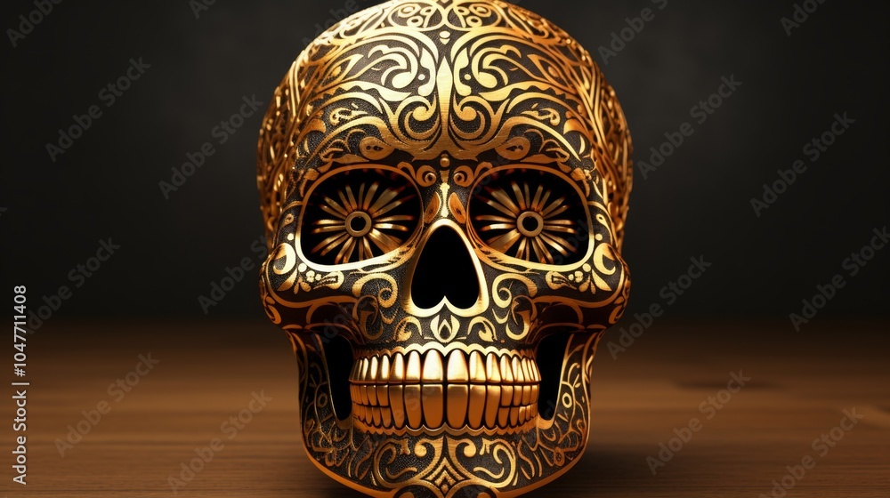 Ornate Golden Skull Sculpture on Dark Background. All Saints Day Ornate Golden Skull Sculpture on Dark Background. All Saints Day